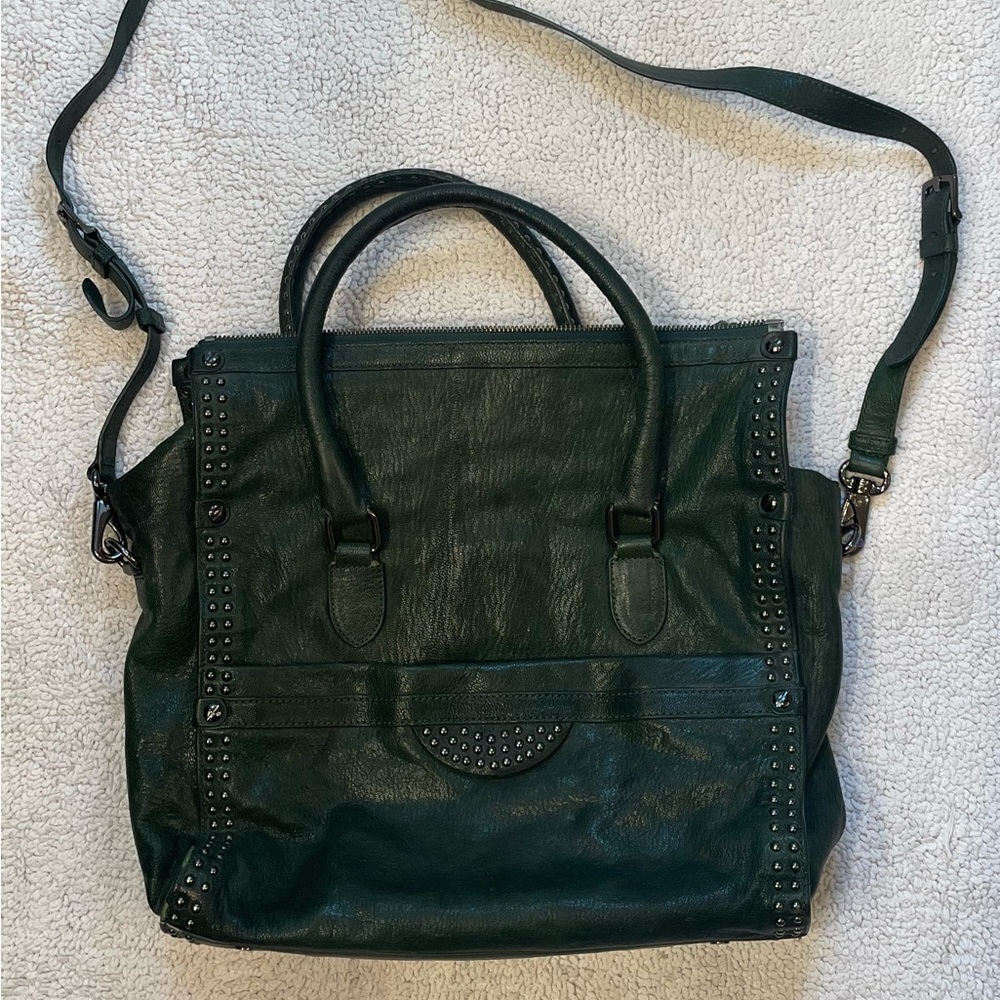 DVF green leather studded bag with top handle & strap for cross body.